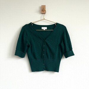 Apricot Cottagecore Emerald Green Ribbed Cropped Crochet Shirt Cardigan - XS